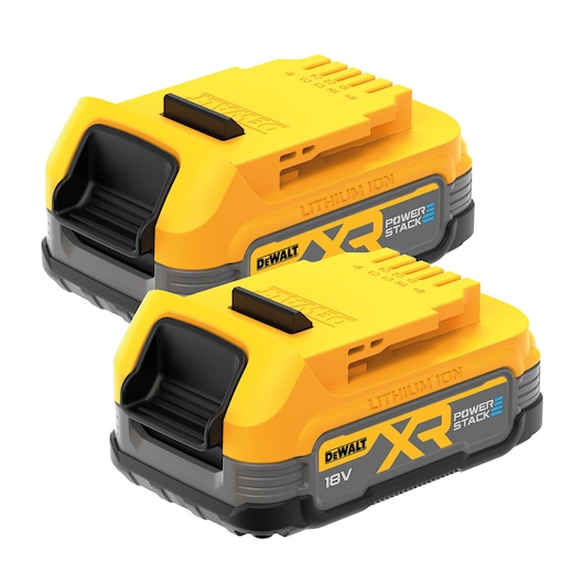 Two DEWALT XR Power Stack 18V lithium-ion batteries with yellow and black casing, shown side by side.