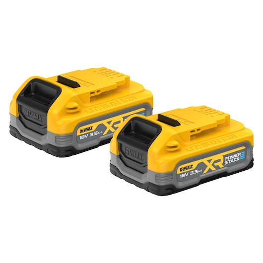 Two DEWALT XR POWERSTACK 18V 3.5Ah lithium-ion batteries with a yellow and black design, shown side by side.