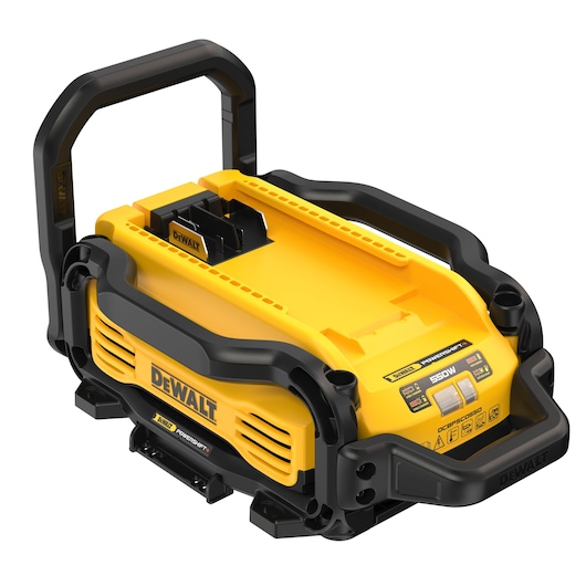 A DEWALT-branded yellow and black portable battery charger and power supply unit. The product features a robust handle, ventilation openings, and control panel with product information. Model SKU: DCBPSC0550.
