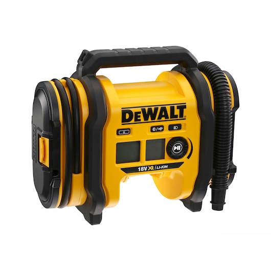A DEWALT portable air compressor, model DCC018N, in yellow and black color with handle, digital display, controls, and flexible hose.