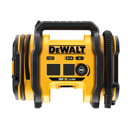 Front view of a DEWALT DCC018N 18V XR Li-Ion portable inflator, showing its yellow and black casing, control buttons, digital display, handle, and attached hose.