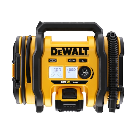 Front view of a DEWALT 18V XR Li-Ion portable inflator with digital display, control buttons, and a flexible hose attached on the right side.