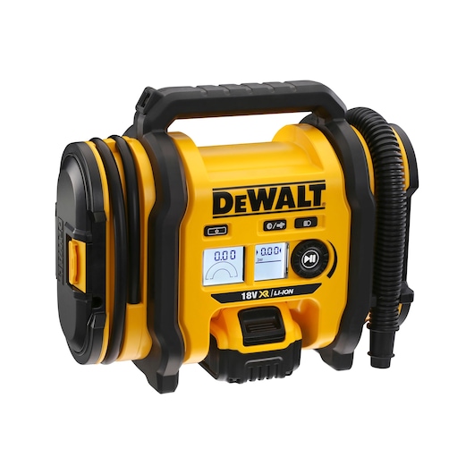 A DEWALT 18V XR Lithium-Ion portable air compressor with a digital display, handle, and air hose attached. The device is predominantly yellow with black accents and features control buttons and a readout screen on the front.