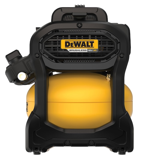 Front view of a DEWALT 18V XR Brushless air compressor with a yellow tank and black frame.