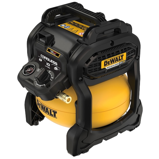 A DEWALT cordless air compressor with an 18V XR brushless motor. The device has a black and yellow design with a sturdy handle, control panel with a gauge, and connector for air tools. The DEWALT logo is visible on both the tank and the side panel.