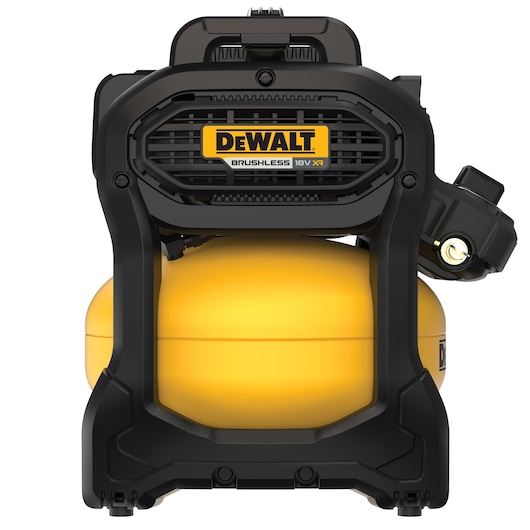 Front view of a DEWALT 18V XR brushless air compressor with a yellow tank and black housing.