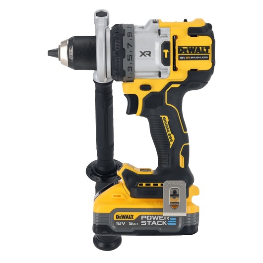 DEWALT 18V brushless cordless drill with side handle and PowerStack battery, shown upright.