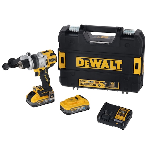 DEWALT cordless drill set with case, two batteries, and charger displayed on a white background.