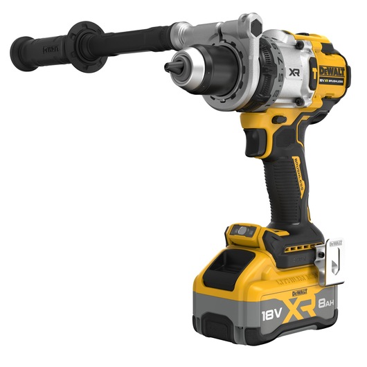 DEWALT 18V cordless drill with side handle and brushless motor, featuring XR 8Ah battery.