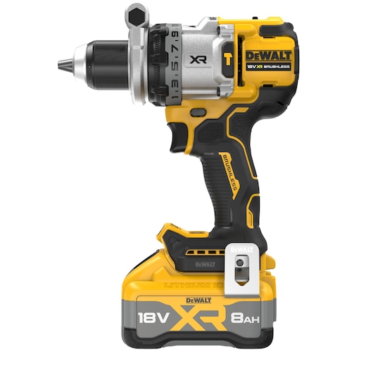DEWALT 18V XR cordless drill with brushless motor and 8Ah battery. Yellow, black and silver design.