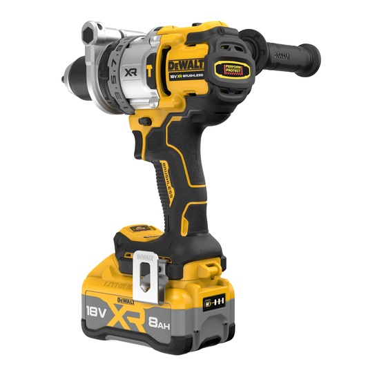 DEWALT 18V XR cordless drill with brushless motor and 8Ah battery, shown with side handle.