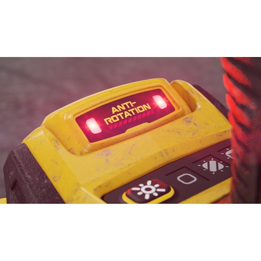 Close-up of a DEWALT tool with a glowing 'ANTI-ROTATION' warning indicator and visible control buttons.