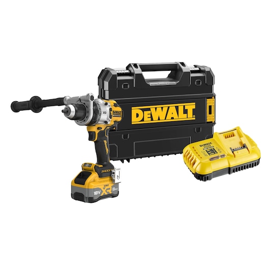 DEWALT cordless drill kit with battery, charger, handle, and hard carrying case shown on a white background.