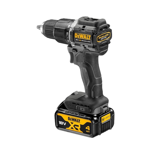 DEWALT 18V XR cordless drill with brushless motor and 4Ah battery, shown upright against a white background.