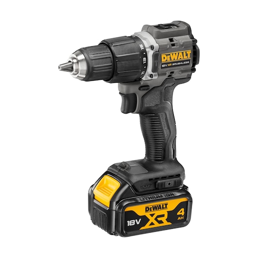 DEWALT 18V XR cordless drill with brushless motor and 4Ah battery, shown angled on a white background.