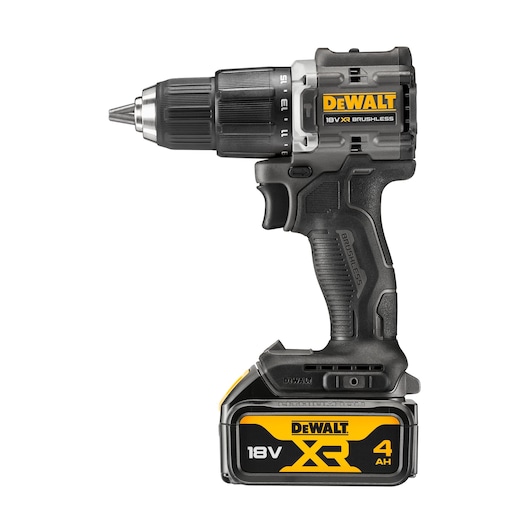 DEWALT 18V XR cordless drill with 4Ah battery, brushless motor, shown upright on white background.