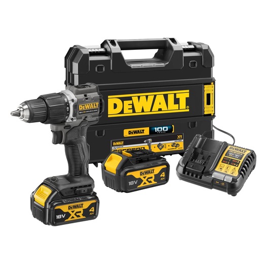 DEWALT cordless drill kit with 18V drill, two batteries, charger, and carrying case.