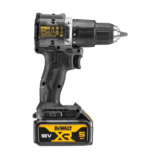 A DEWALT DCD100P2T cordless electric drill with an 18V XR 5Ah battery, featuring a black and yellow design and a brushless motor.