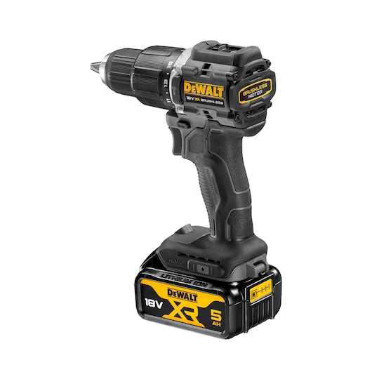 A DeWalt cordless power drill with brushless motor, featuring a black and yellow design. It is equipped with an 18V XR lithium-ion battery with a capacity of 5 Ah.