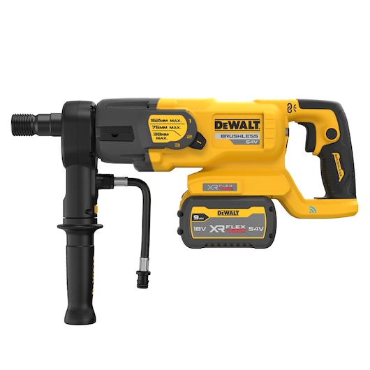 A yellow and black DEWALT cordless brushless rotary hammer drill with a side handle and attached XR Flexvolt 54V 9Ah battery. The tool displays drilling mode settings and the DEWALT branding.