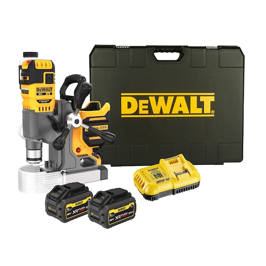 DEWALT magnetic drill kit with case, charger, and two batteries, all shown on a white background.