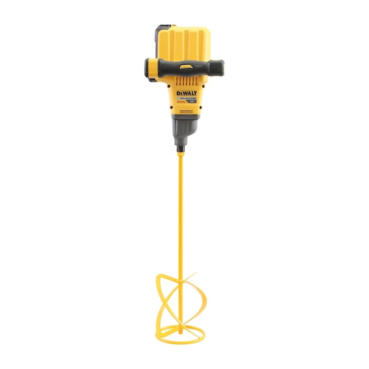 DEWALT cordless mixer with yellow shaft and spiral mixing attachment on a white background.