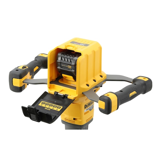 DEWALT DCD240X2 cordless mixer with ergonomic handles and open battery compartment, shown close-up.