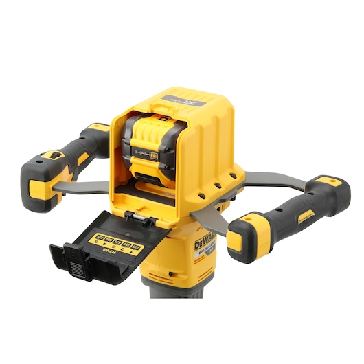 DEWALT cordless tool with yellow casing, dual handles, hinged battery cover open, shown against a white background.