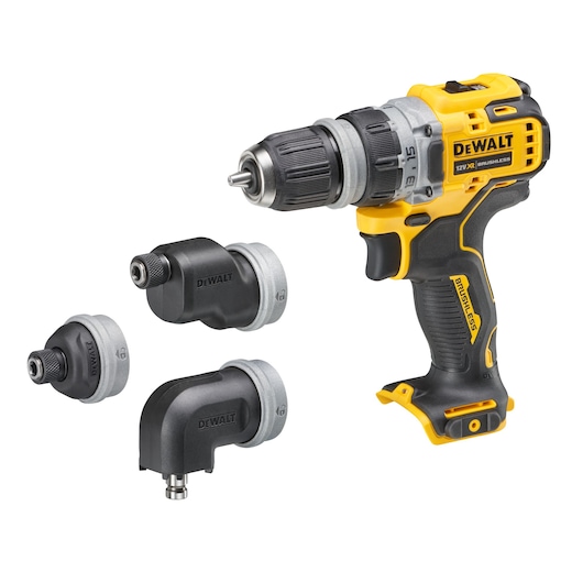 DEWALT cordless drill with three interchangeable attachments displayed next to it on a white background.