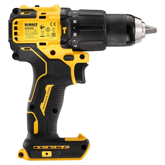 DEWALT cordless drill, Photography, DCZ409P2-XE and DCD709N SKUs. Yellow and black tool shown.