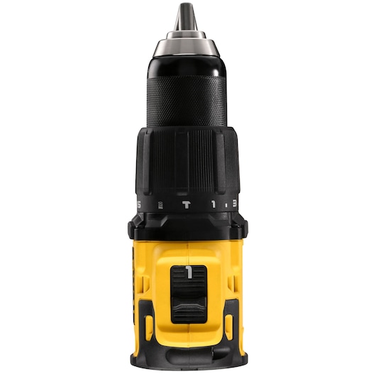 DEWALT drill close-up, category Photography, SKUs DCZ409P2-XE and DCD709N, yellow and black tool front view.