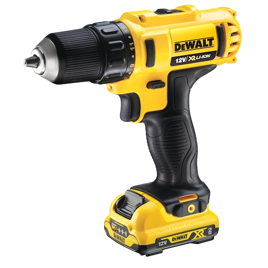 Yellow DEWALT 12V cordless drill with black grip and battery, angled slightly to the left.
