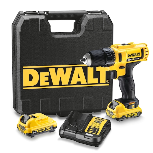 DEWALT cordless drill kit with case, batteries, and charger displayed on a white background.