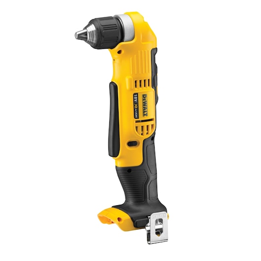 Yellow and black DEWALT cordless right angle drill, model DCD740N, shown on white background.