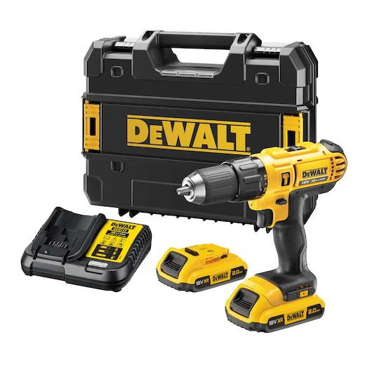 DEWALT cordless drill kit with case, charger, and two 18V batteries. Tools shown in yellow and black.