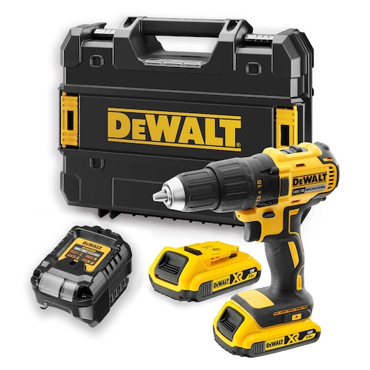 A DEWALT cordless drill kit including a yellow and black drill, two rechargeable batteries, a battery charger, and a sturdy carrying case with a prominent DEWALT logo.