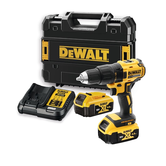 DEWALT cordless drill set with two batteries, charger and carrying case.