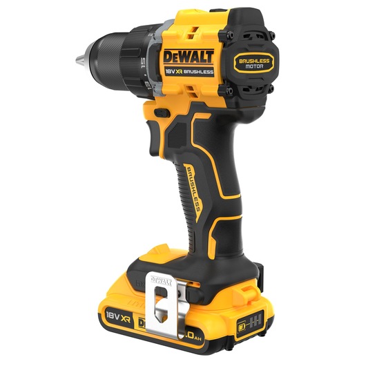 A DEWALT 18V XR brushless cordless drill with a black and yellow body, shown standing upright with a battery pack attached.