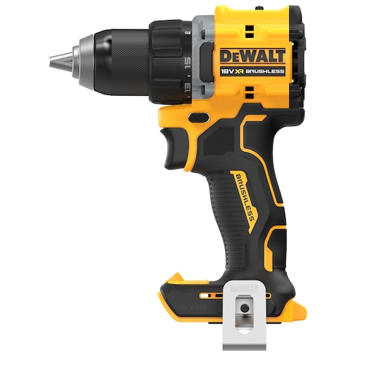 A DEWALT 18V XR brushless cordless drill with a black and yellow design and a metal belt clip attached to the handle.