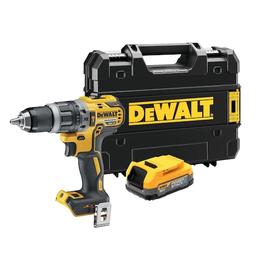 DEWALT cordless drill with battery and hard case, all in yellow and black design, shown on white background.