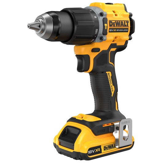 A DEWALT 18V XR cordless brushless drill driver with a black and yellow design, featuring an ergonomic grip and LED light, suitable for professional and home use.