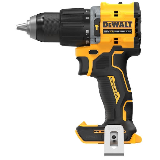 A yellow and black DEWALT 18V XR Brushless cordless drill with a metal belt clip, shown in side profile on a white background.
