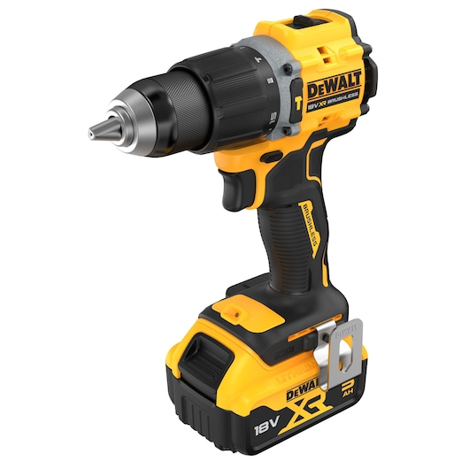 A DEWALT 18V XR brushless cordless drill with a yellow and black design, featuring a rechargeable battery, ergonomic handle, and metal clip, shown isolated on a white background.
