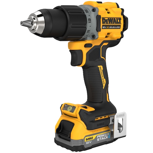 DEWALT 18V XR cordless brushless drill with Powerstack battery, yellow and black, shown upright.