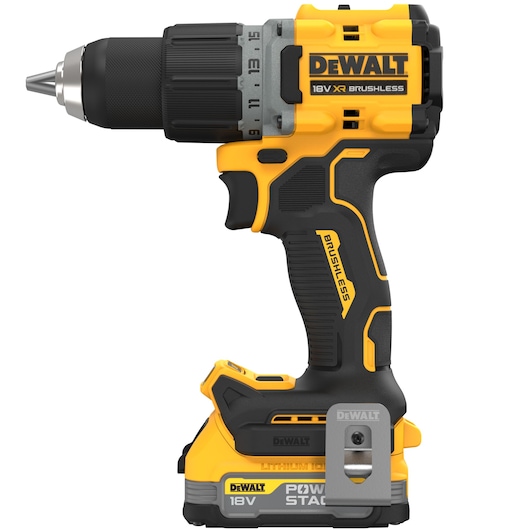 DEWALT DCD800E1T 18V XR Brushless cordless drill with ergonomic grip, keyless chuck, and compact design.