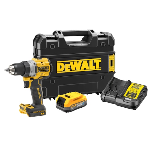 DEWALT cordless drill kit with case, battery, and charger, all shown on a white background.