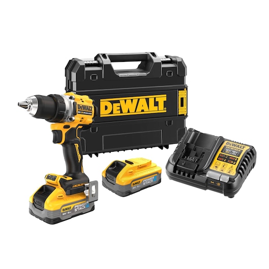 DEWALT cordless drill with case, charger, and two batteries, all displayed together on a white background.
