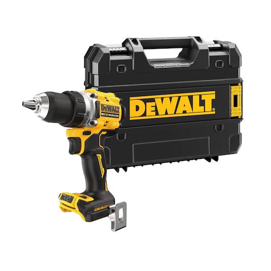 DEWALT cordless drill with a black and yellow carrying case, both labeled with the DEWALT logo.