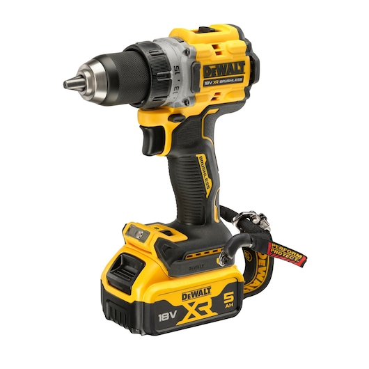 DEWALT 18V cordless drill with XR 5Ah battery, yellow and black, brushless motor, side view.