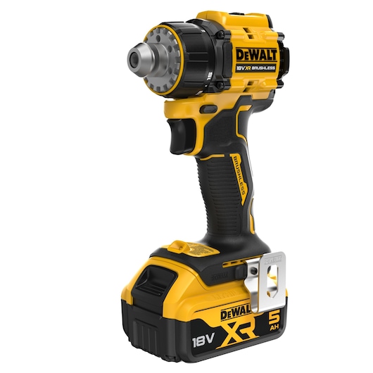 A yellow and black DEWALT cordless drill with 18V XR 5Ah battery, brushless motor, and ergonomic grip design.